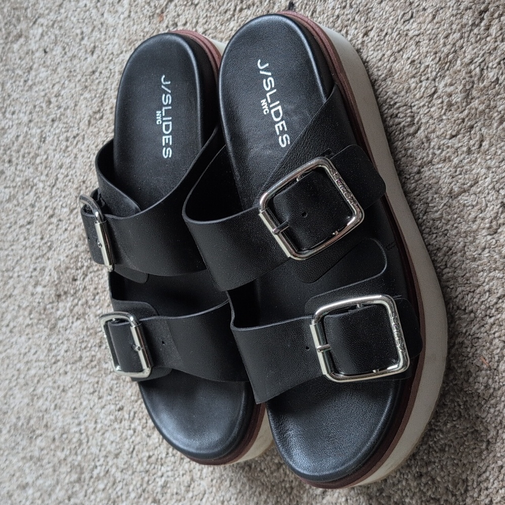 J/SLIDES Black Platform Sandals with Silver Buckles